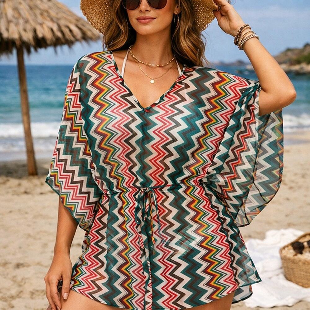 Zury Vintage y2k Boho Zigzag Sheer Tunic Beach Cover-Up Free Size